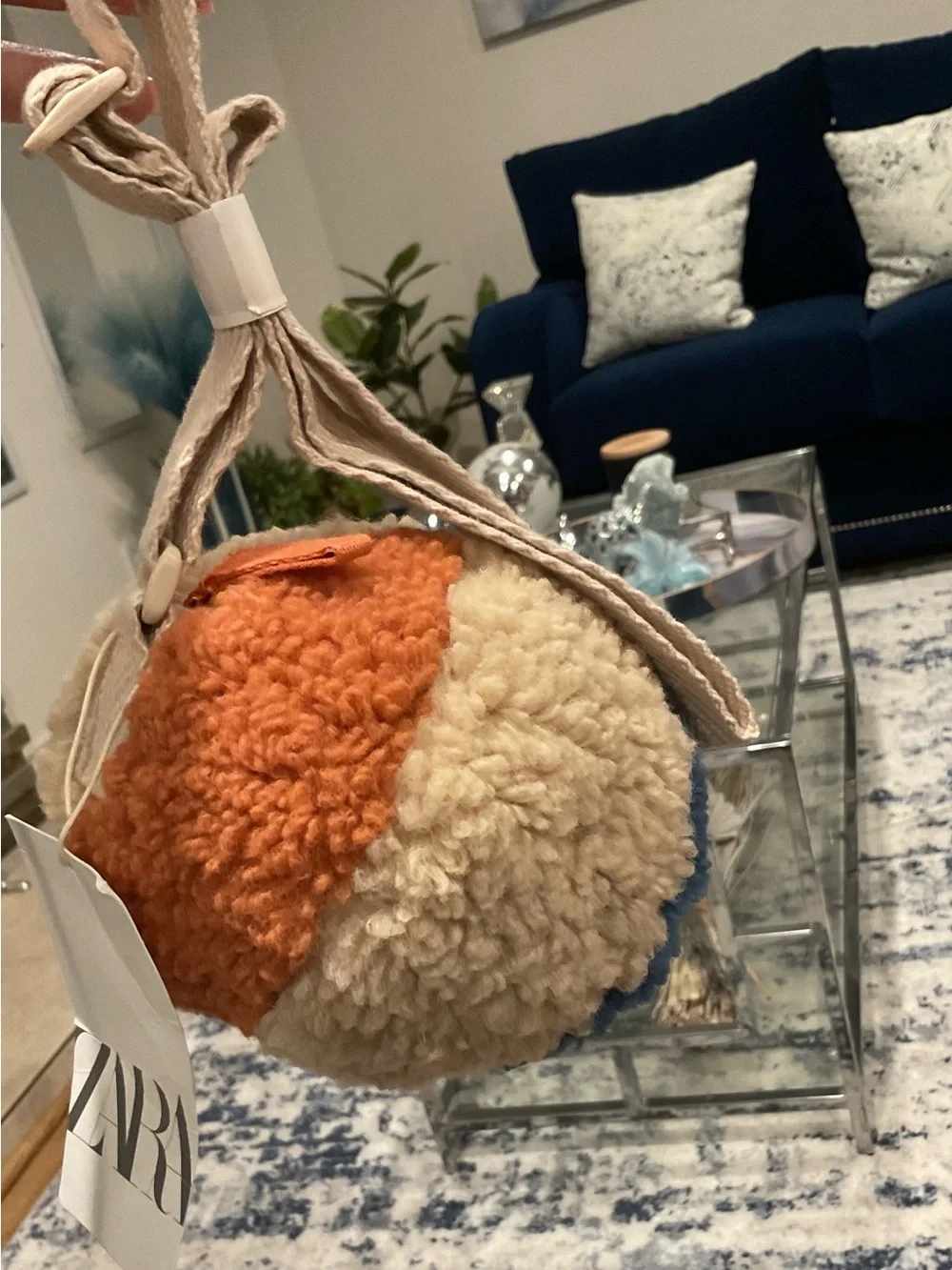 Zara Round Sherpa Kids Crossbody Bag in Orange, Cream, Blue & Green